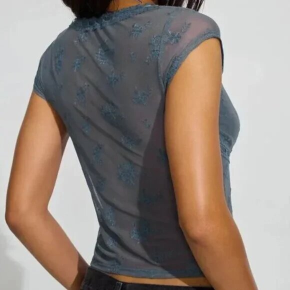 Muted Teal Blue Tie Front Sheer Embroidered Detail Top - Picture 3 of 4